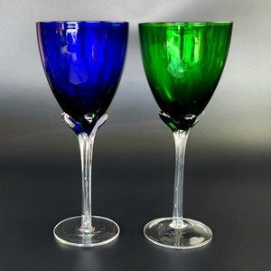 Vintage - Wine Glasses - Emerald Green & Cobalt Blue Bowls - Set of 2